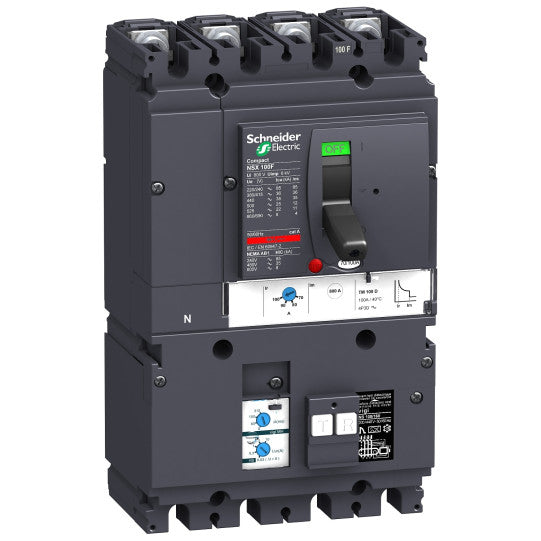 Schneider Electric Compact circuit breaker VigiComPact NSX100B, 25 kA at 415 VAC, TM-D trip unit 100 A, add-on Vigi MH module, 4P 4d - LV429960