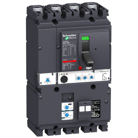 Schneider Electric SCHNEIDER circuit breaker VigiComPact NSX100B, 25 kA at 415 VAC, MicroLogic 2.2 trip unit 100 A, add-on Vigi MH module, 4P 4d - LV429984