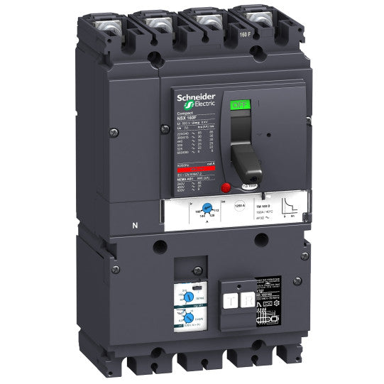 Schneider Electric Compact circuit breaker VigiComPact NSX160B, 25 kA at 415 VAC, TM-D trip unit 160 A, add-on Vigi MH module, 4P 4d - LV430360